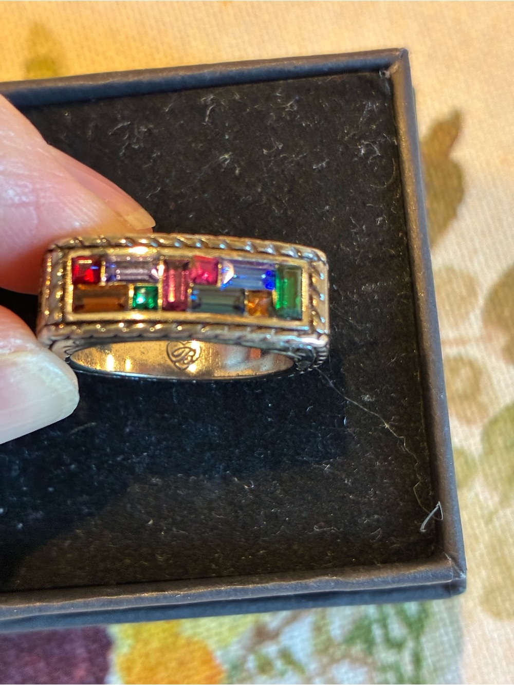 Brighton Silver Multicolor Baguette Crystal Ring - Red Blue Green Pink Amber